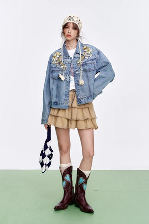 VILZSTUDIOS Stylish Embroidered Flower Button Denim Jacket