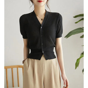 VILZSTUDIOS Breathable Knit Short Sleeve Cardigan