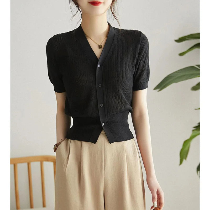 VILZSTUDIOS Breathable Knit Short Sleeve Cardigan