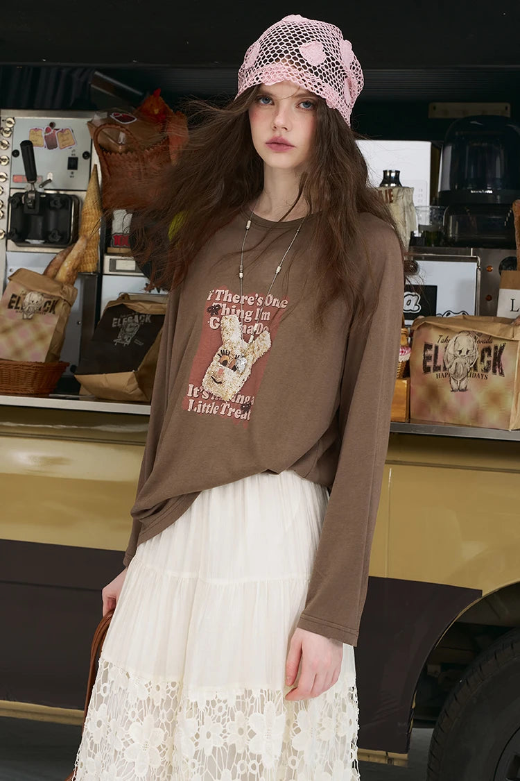 VILZSTUDIOS Casual Bunny Girl Print Long Sleeve Top