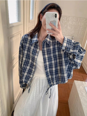 VILZSTUDIOS Blue Plaid Loose Drawstring Shirt