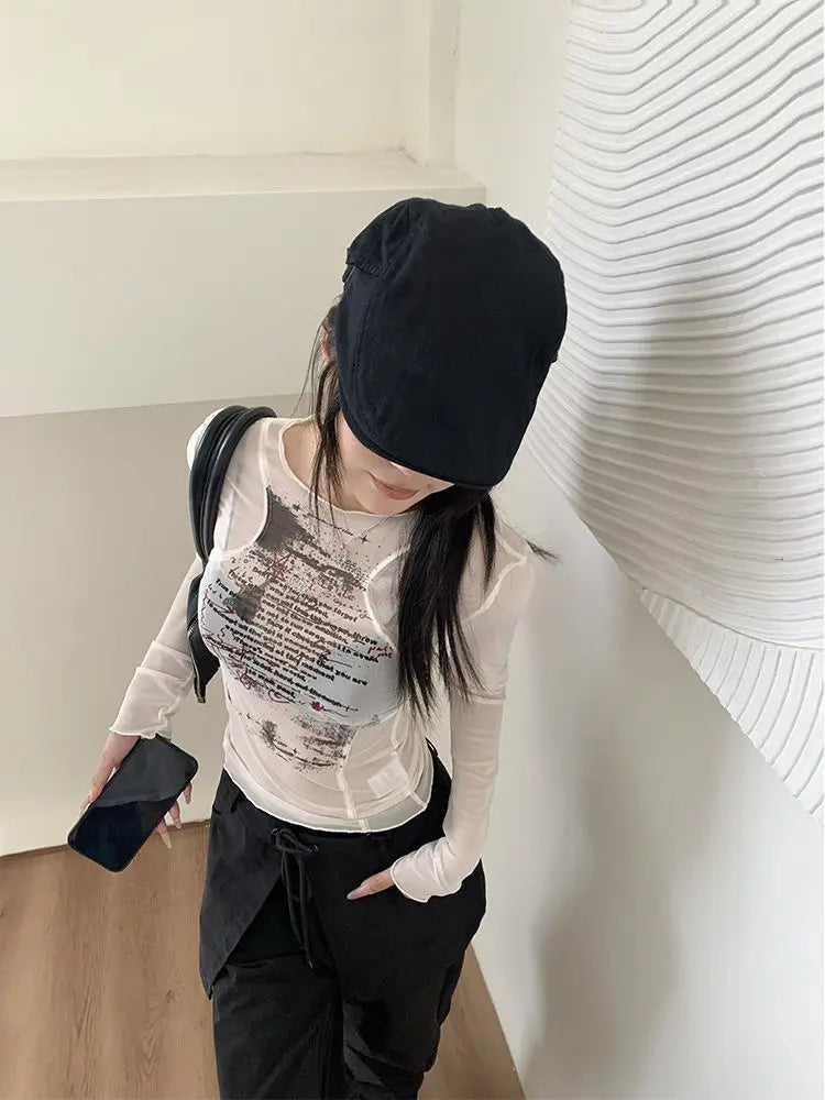 VILZSTUDIOS Sheer Mesh Print Slim Fit Top