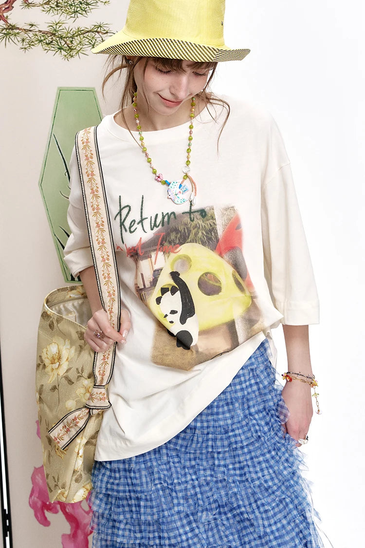 VILZSTUDIOS Panda Print Loose Short Sleeved T-Shirt