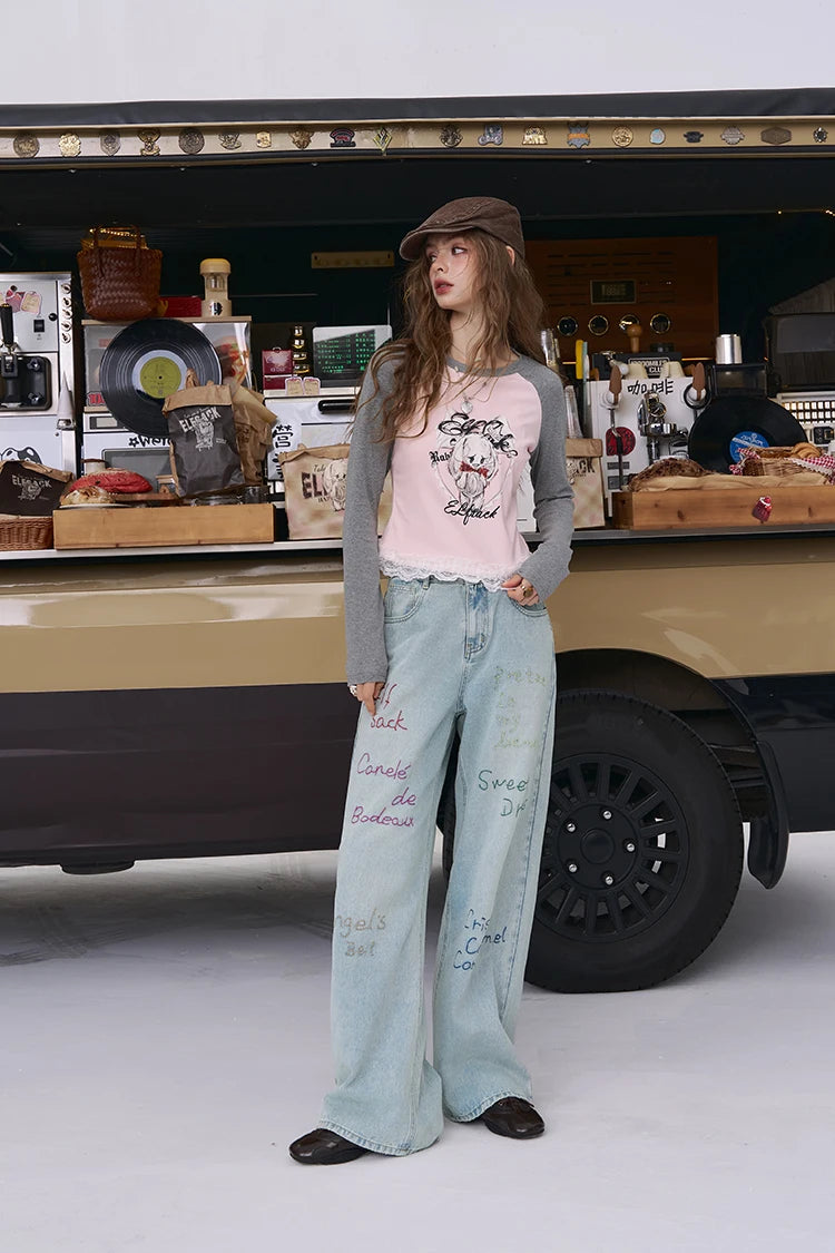 VILZSTUDIOS Embroidered Loose Straight Leg Jeans