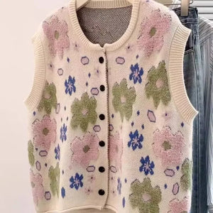 VILZSTUDIOS Cozy Oversized Knitted Floral Sleeveless Cardigan