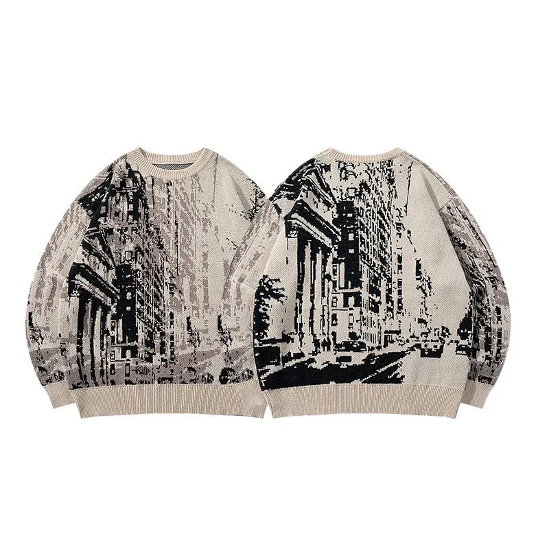 VILZSTUDIOS Vintage Cityscape Oversize Knit Sweater