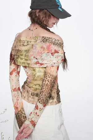 VILZSTUDIOS Elegant Printed Mesh Long Sleeve Blouse