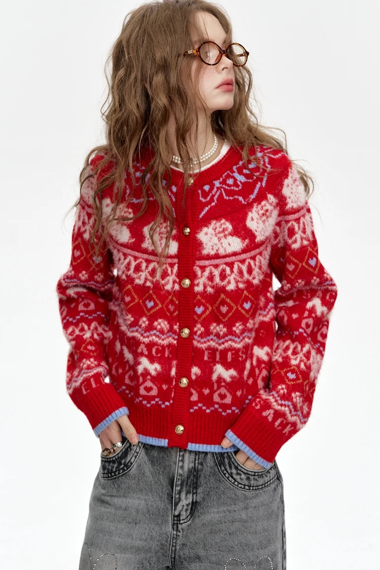 VILZSTUDIOS Red Fair Isle Rabbit Knit Cardigan