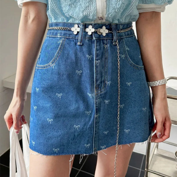 Spicy Lace Bow A-Line Denim Skirt