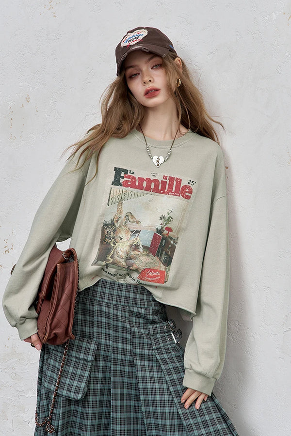 Vintage Washed Print Long Sleeve Top