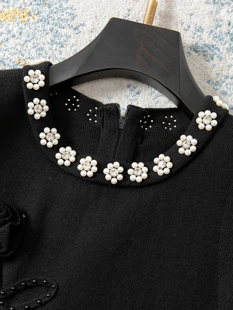 VILZSTUDIOS Luxury Floral Embossed Black Mini Dress