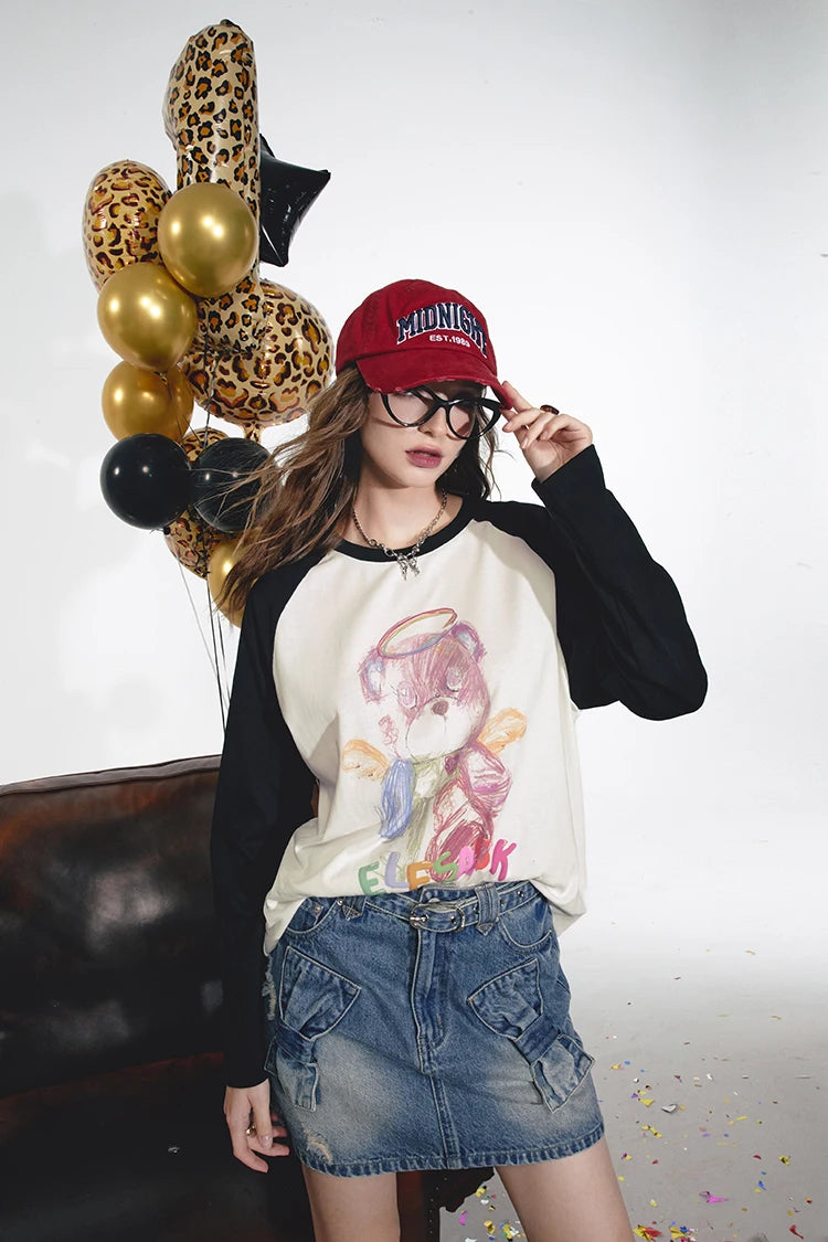 VILZSTUDIOS Contrast Shoulder Long Sleeve Casual Top