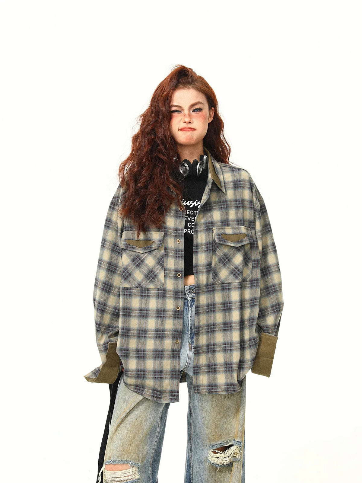 VILZSTUDIOS Y2K Contrasting Color Plaid Shirt
