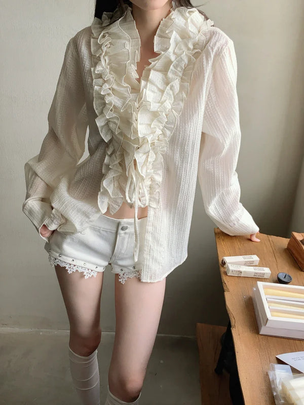 Ruffled Sheer Long Sleeve Designer Shirt