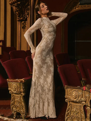 VILZSTUDIOS Elegant Floral Peach Lace Maxi Dress
