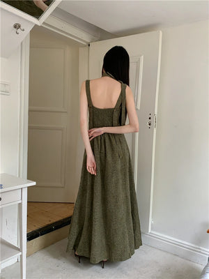 VILZSTUDIOS Elegant Green Vintage Jacquard Backless Midi Dresses