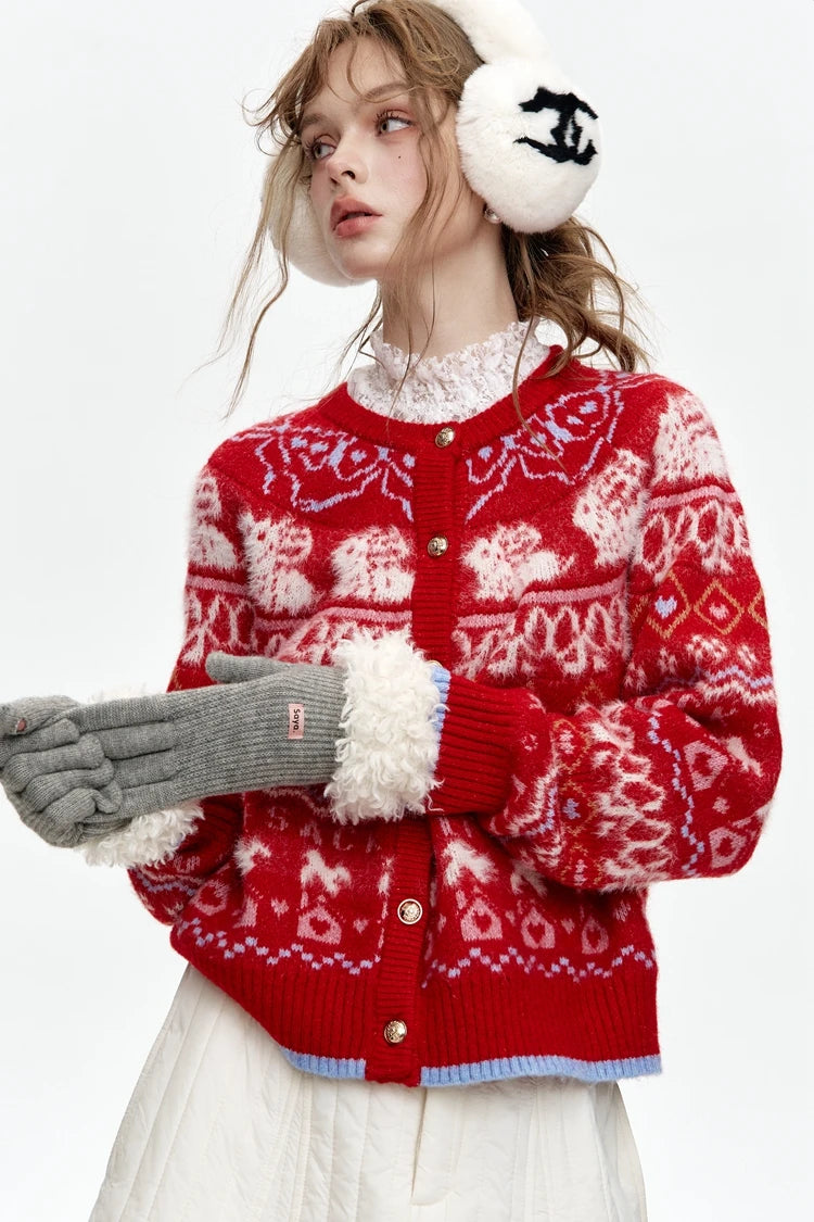VILZSTUDIOS Red Fair Isle Rabbit Knit Cardigan