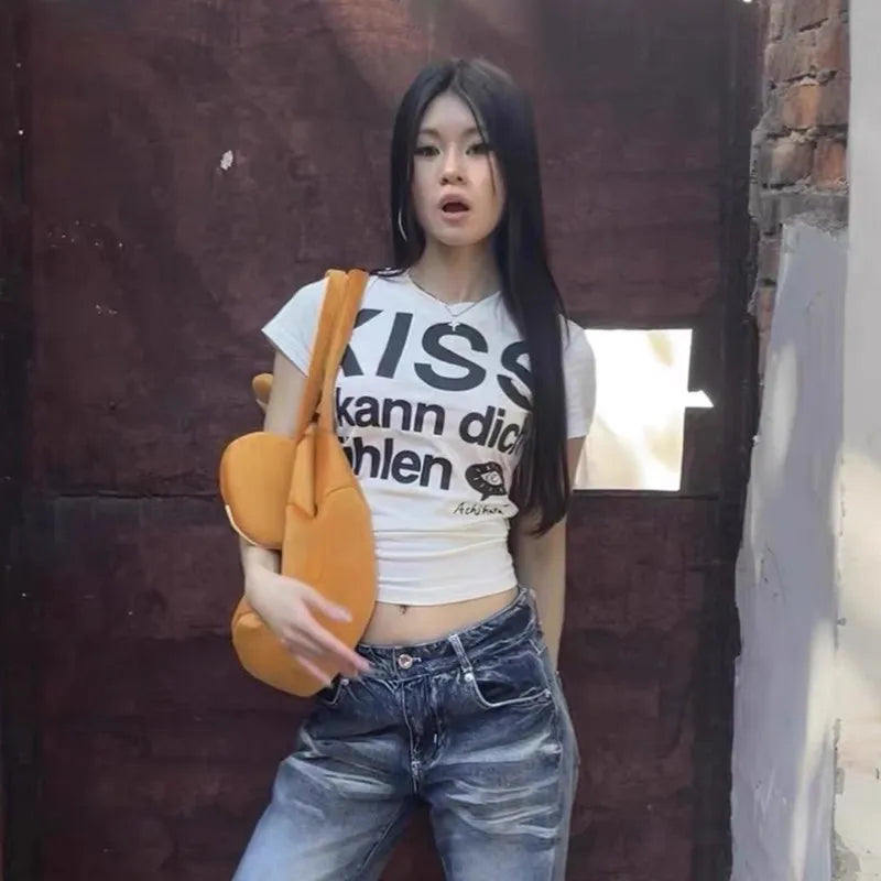 VILZSTUDIOS Retro Japanese Y2K Letter Print T-Shirt