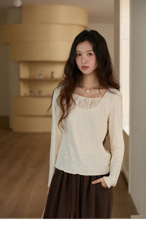 VILZSTUDIOS Elegant Beige Lace Patchwork Long Sleeve Top