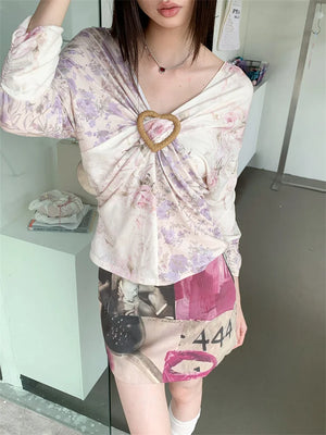 VILZSTUDIOS Floral Batwing Heart Ruched Blouse