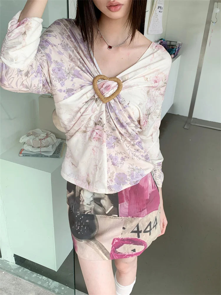 VILZSTUDIOS Floral Batwing Heart Ruched Blouse