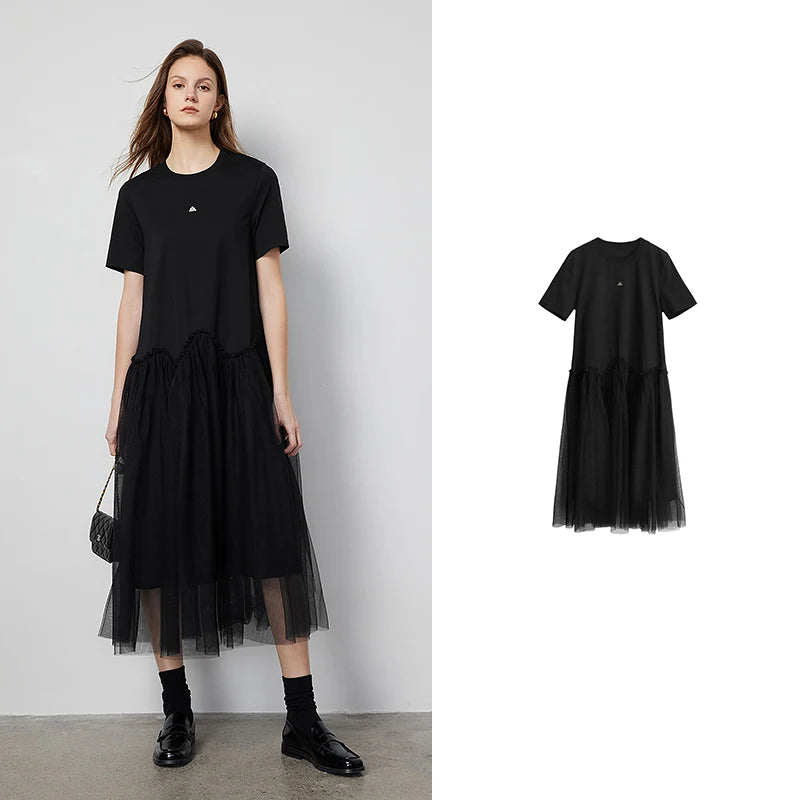 VILZSTUDIOS Stylish Mesh Splicing Mid-Length Skirt T-Shirt