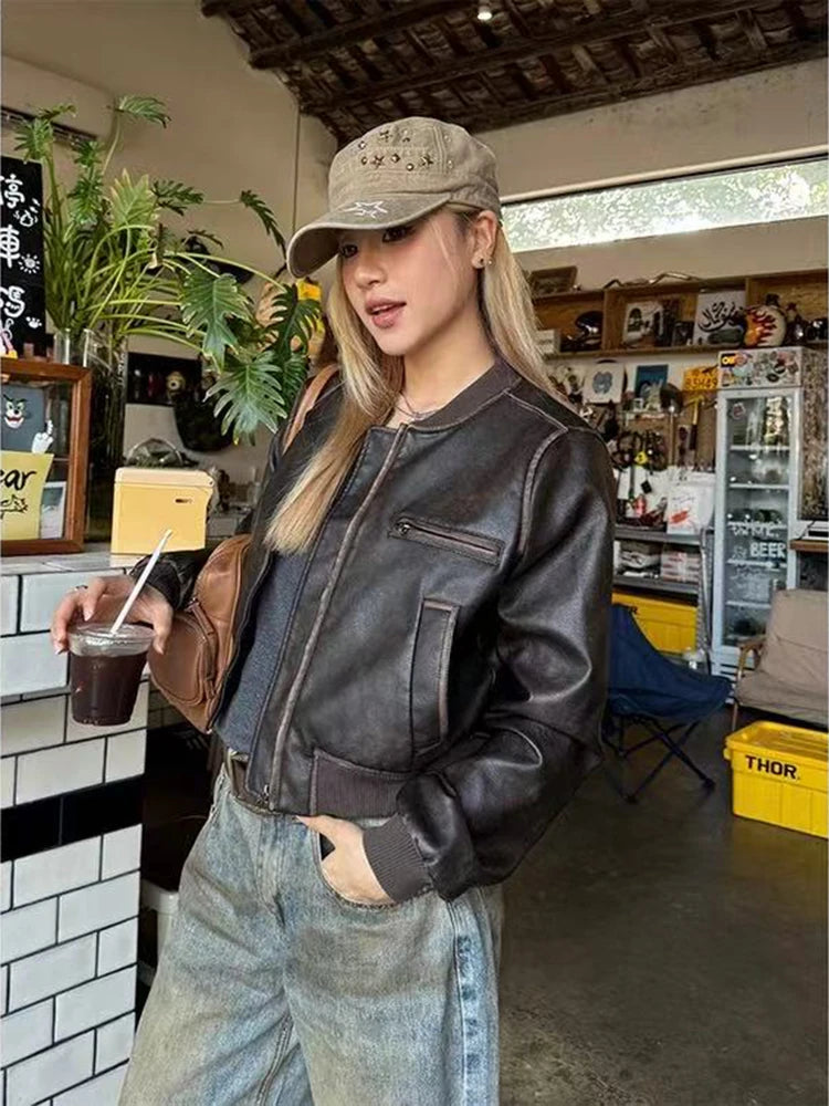 VILZSTUDIOS Vintage Brown PU Leather Jacket