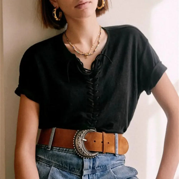 Lace-Up Solid Color T-Shirt