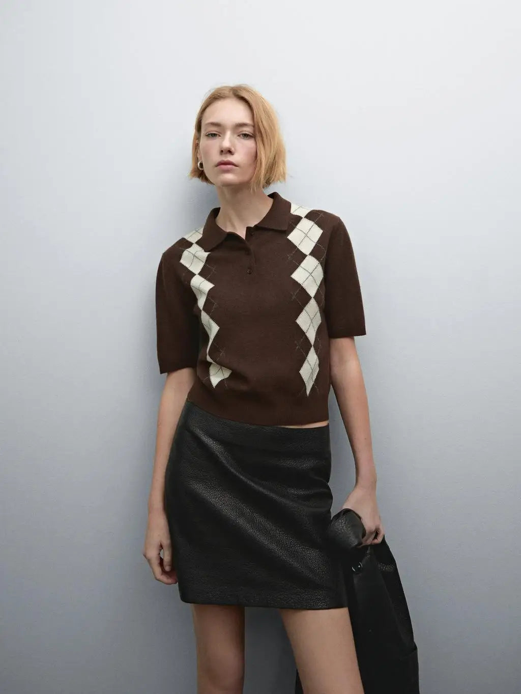 VILZSTUDIOS Brown Diamond Knitted Half Sleeve Sweater