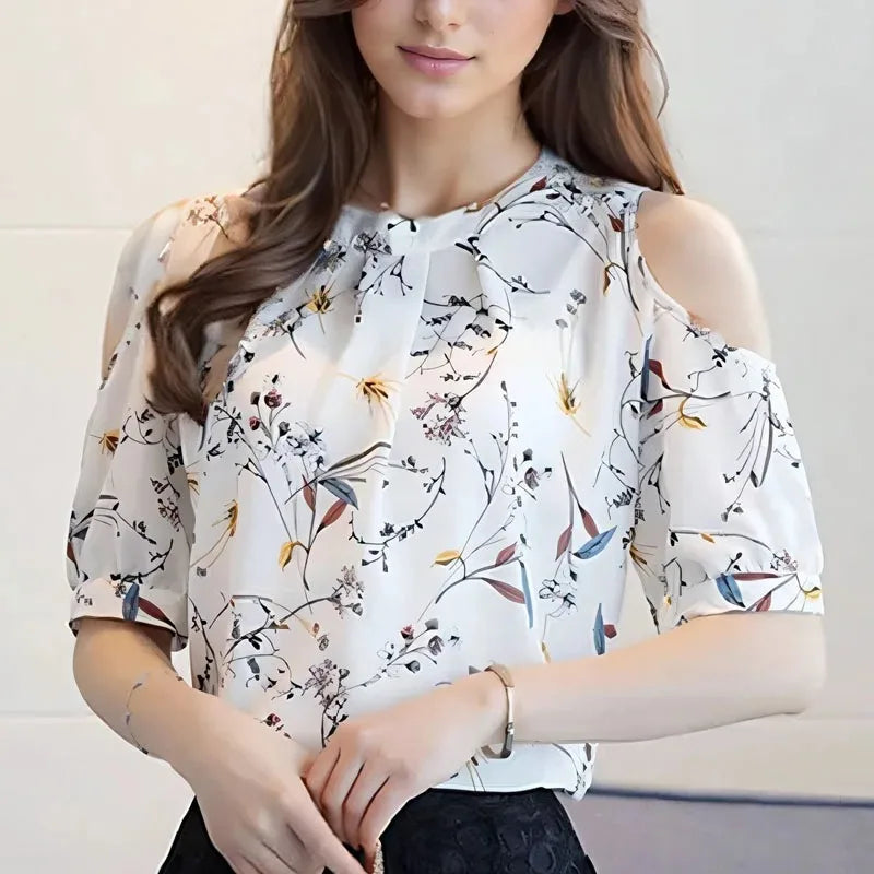 VILZSTUDIOS Stylish Printed Chiffon Off Shoulder Blouse