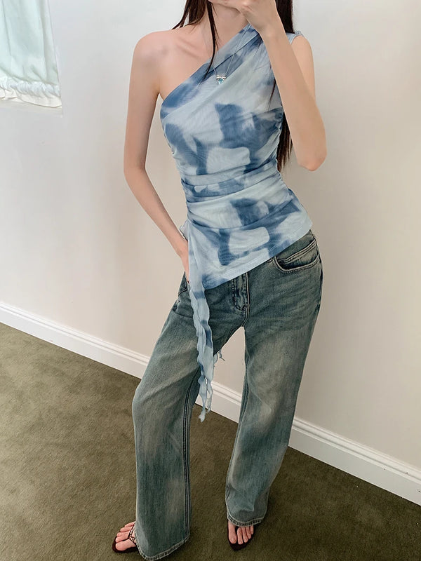 Blue Tie Dye Mesh Off Shoulder Blouse
