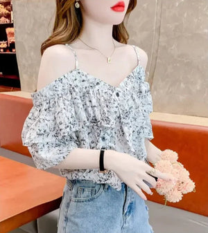 VILZSTUDIOS Stylish French Ruffled Off-Shoulder Suspender Blouse