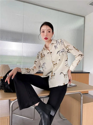 VILZSTUDIOS Chic Chiffon Horse Print Button-Up Shirt
