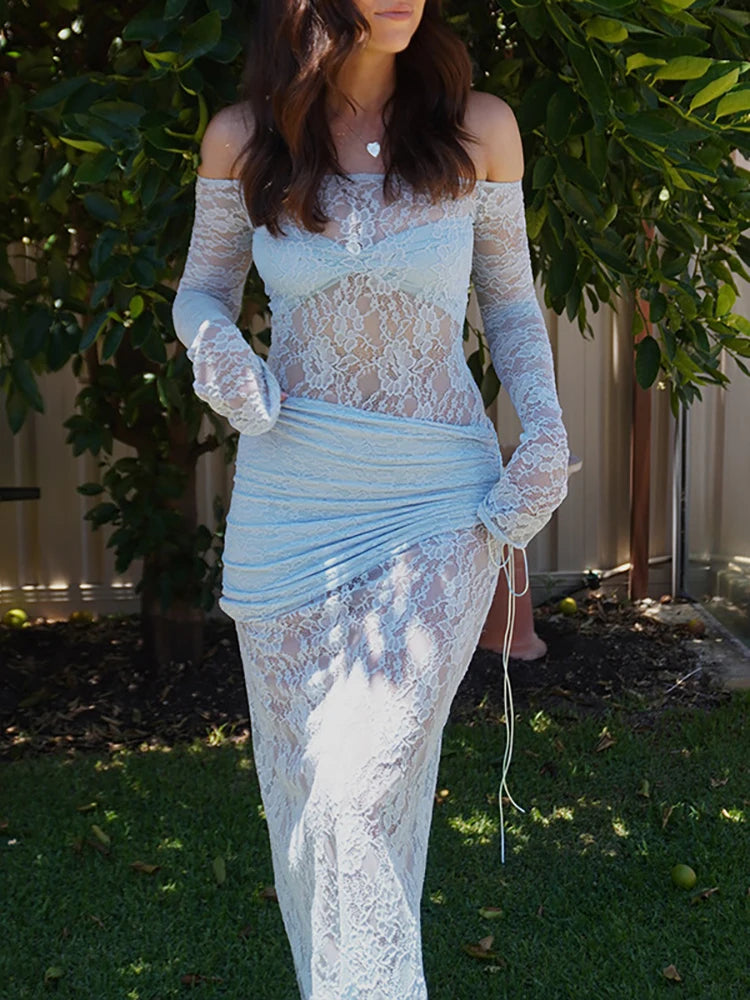 VILZSTUDIOS Blue Lace Off Shoulder Maxi Dress