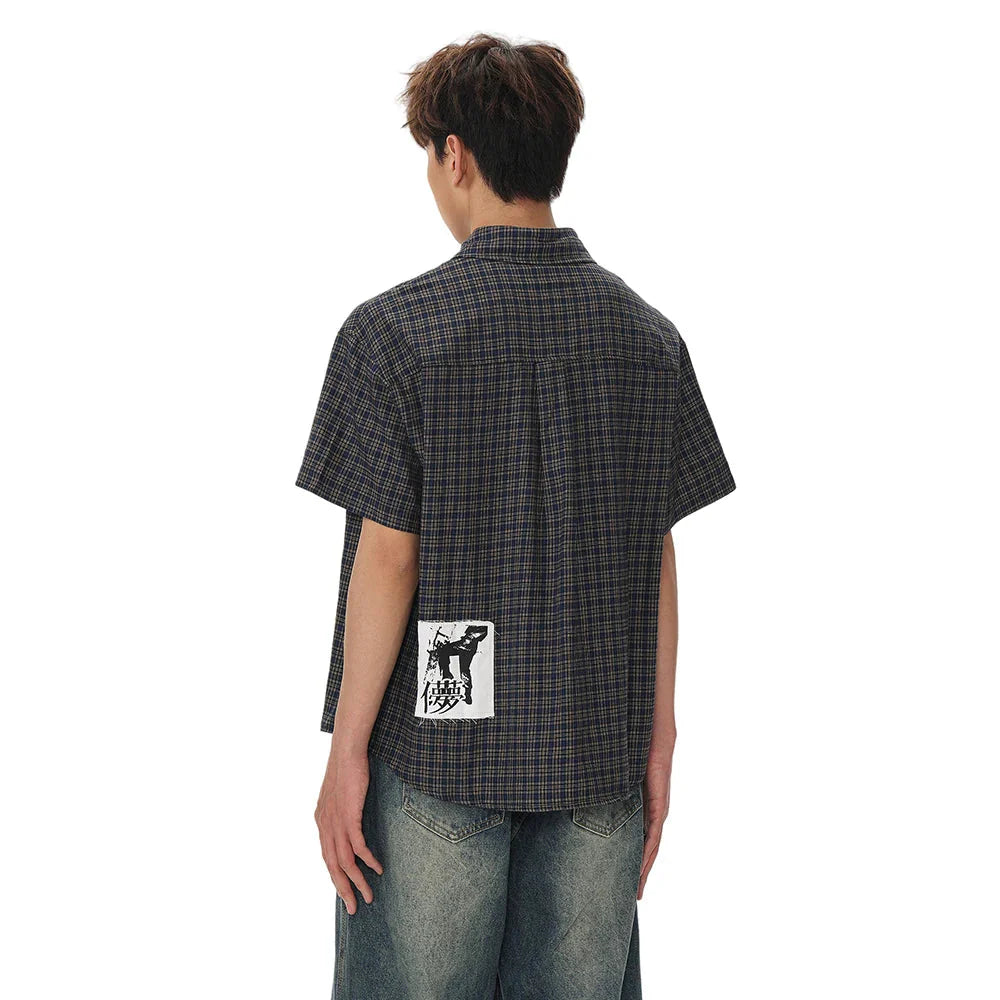 VILZSTUDIOS Retro Graffiti Plaid Short Sleeve Shirt