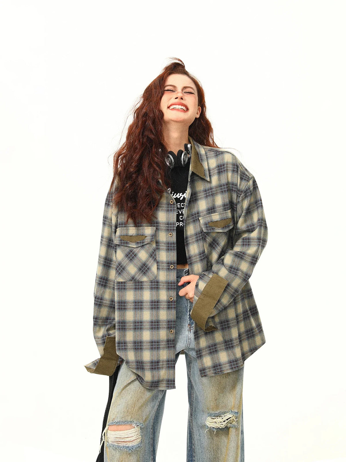VILZSTUDIOS Y2K Contrasting Color Plaid Shirt