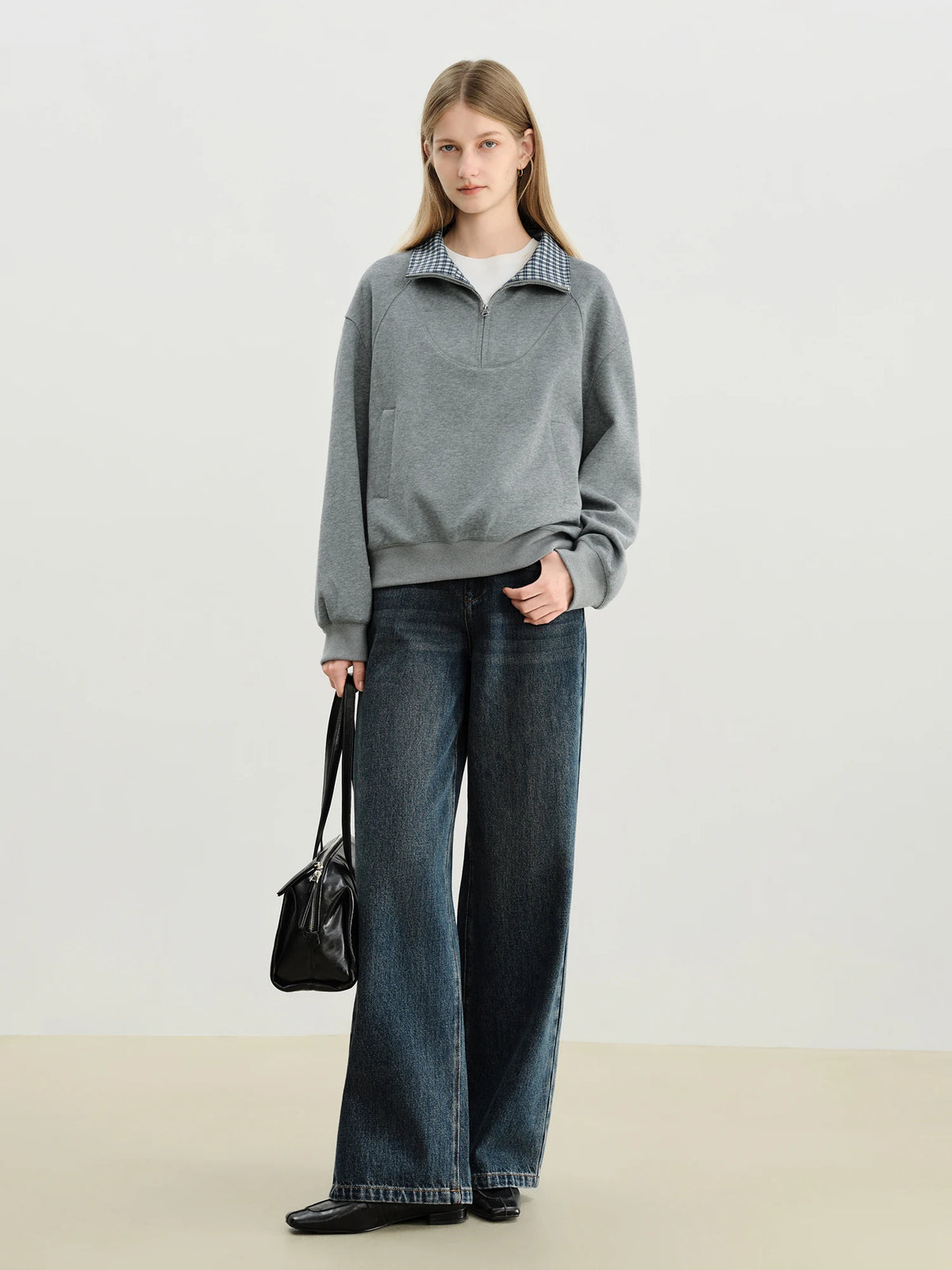 VILZSTUDIOS Cozy Plaid Stand Collar Sweatshirt