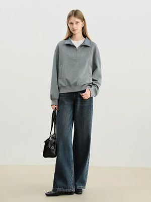 VILZSTUDIOS Cozy Plaid Stand Collar Sweatshirt