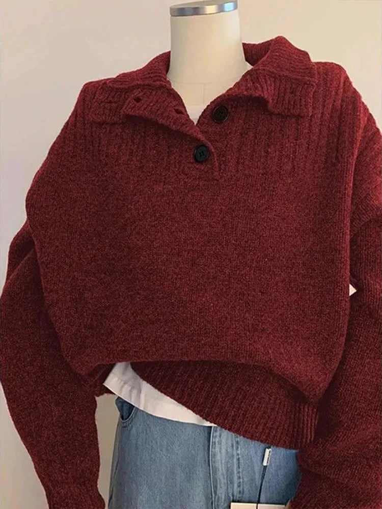 VILZSTUDIOS Lapel Red Knitted Sweater