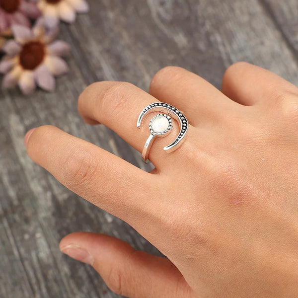 Bohemian Moonstone Carving Silver Ring