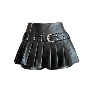 VILZSTUDIOS Black Gothic Pleated Leather Mini Shorts