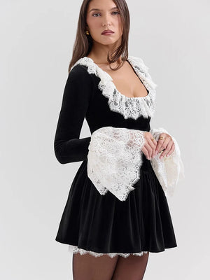 VILZSTUDIOS Sexy Black Lace Flare Sleeve Dress