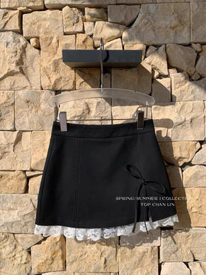 VILZSTUDIOS Sweet Lace Bow Splicing Mini Skirt