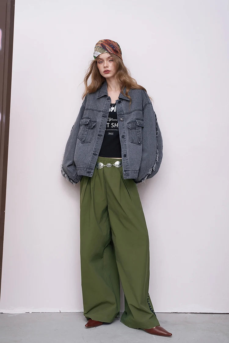 VILZSTUDIOS Solid Loose Wrinkled Straight Leg Pants