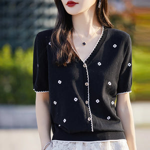 VILZSTUDIOS Embroidered Casual V-Neck Light Cardigan
