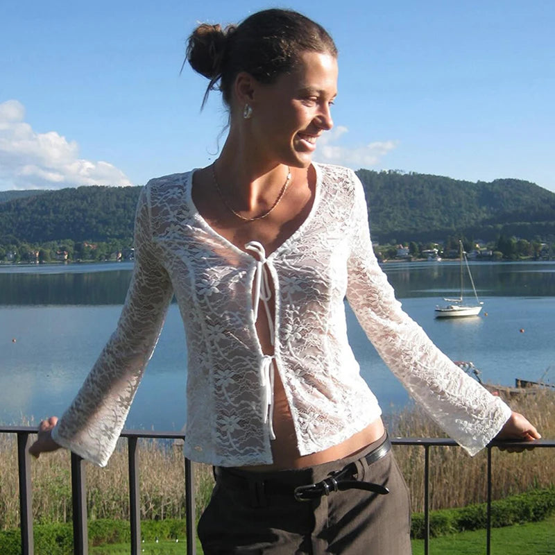 VILZSTUDIOS Lace-Up Sexy Long Sleeve Light Cardigan