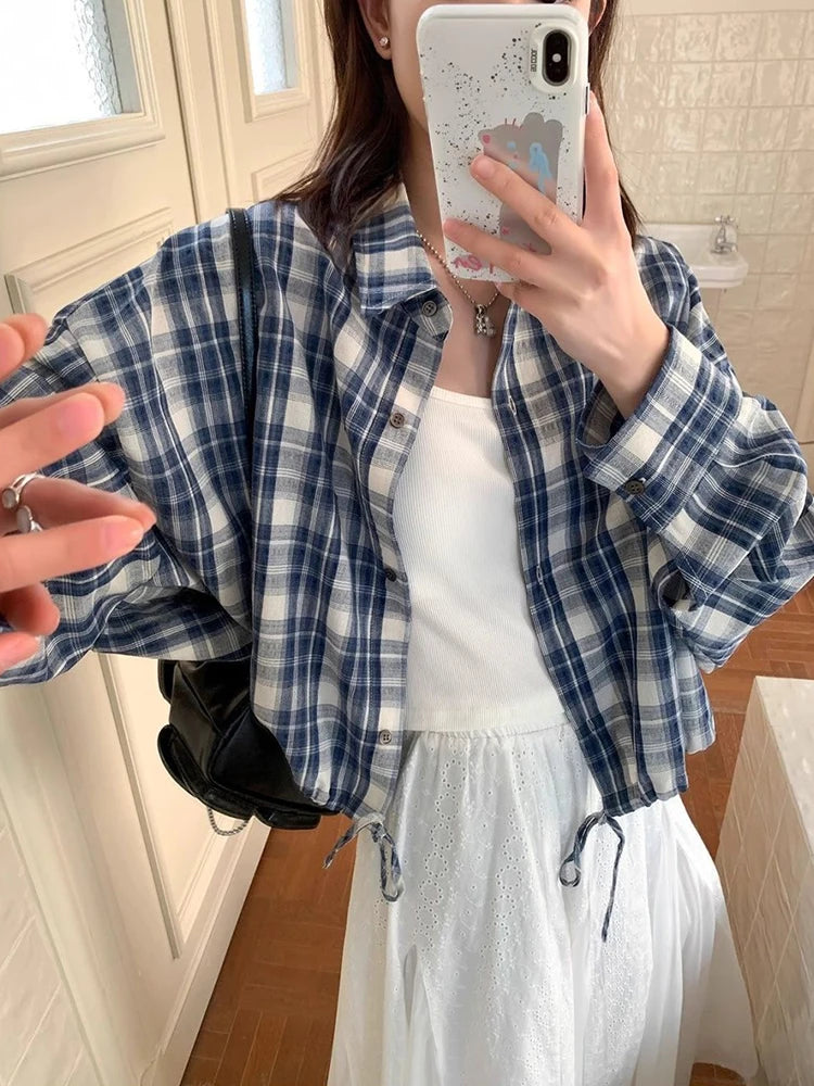 VILZSTUDIOS Blue Plaid Loose Drawstring Shirt