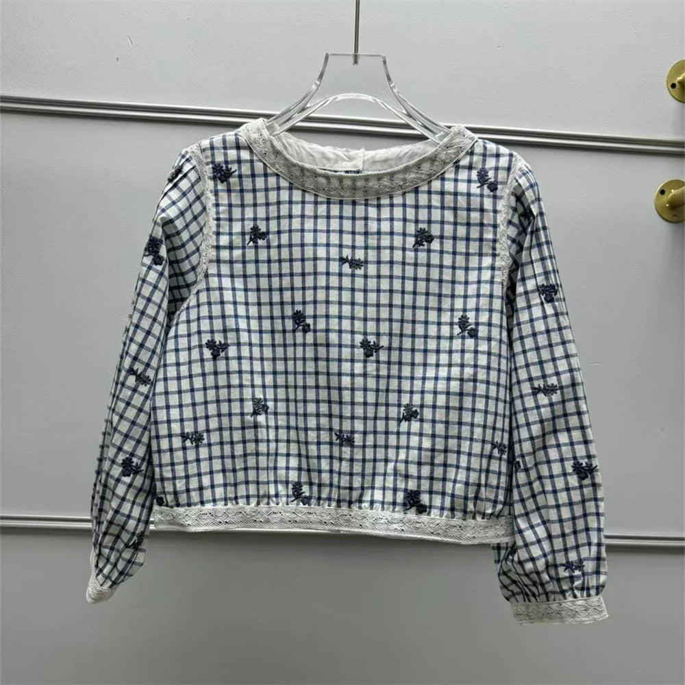 VILZSTUDIOS Rustic Floral Embroidered Plaid Blouse