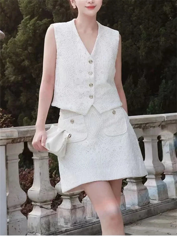 White Elegant Embroidered Vest & Mini Skirt Set