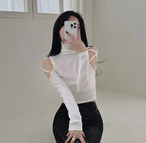 VILZSTUDIOS Sexy Hollow Out Turtleneck Long Sleeve Top